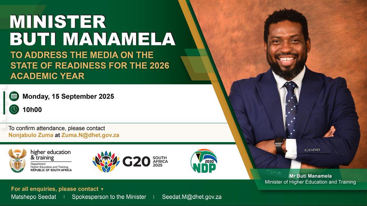 GovernmentZA's tweet photo. [🔁 Up Next] The Minister of Higher Education and Training, Mr @ButiManamela
briefs  media on the state of readiness of the Post-School Education and Training (PSET) sector to commence the 2026 academic year. #DHET  #service#servicedeliveryza #stateofreadiness 

Click here to join the briefing virtually: https://t.co/j19sTHV6DB 

#DHET  #service#servicedeliveryza #stateofreadiness