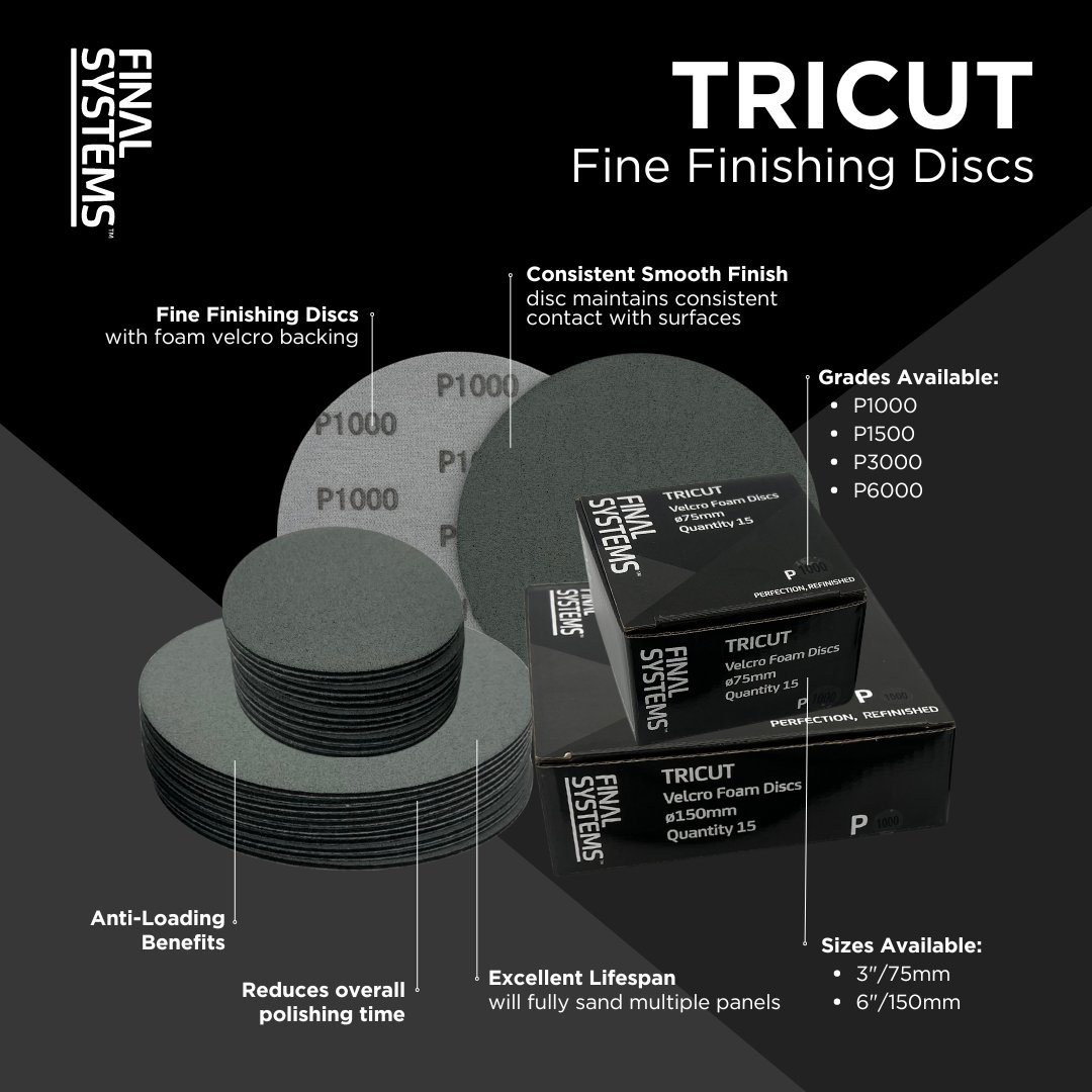 FLPGroupUK's tweet image. ✨ Final Systems TRICUT Fine Finishing Discs ✨

Perfect for removing and refining sanding scratches before polishing and for seamless blending work.

Available Grades: P1000 | P1500 | P3000 | P6000
Sizes: 75mm or 150mm discs

🔗 Visit: flpgroup.co.uk/TRICUT

#refinishing