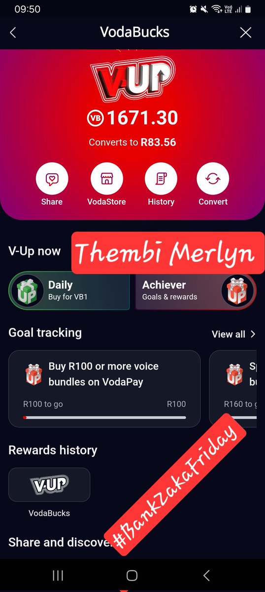 I buy airtime using my bank card linked to my Vodapay or buy using my wallet to get 10x vodabucks  and then add goals that'll be able to complete weekly then make sure I bank them before they expire, I do this every week to accumulate more vodabucks. #BankZakaFriday <a href="/METROFMSA/">METROFM SABC</a>