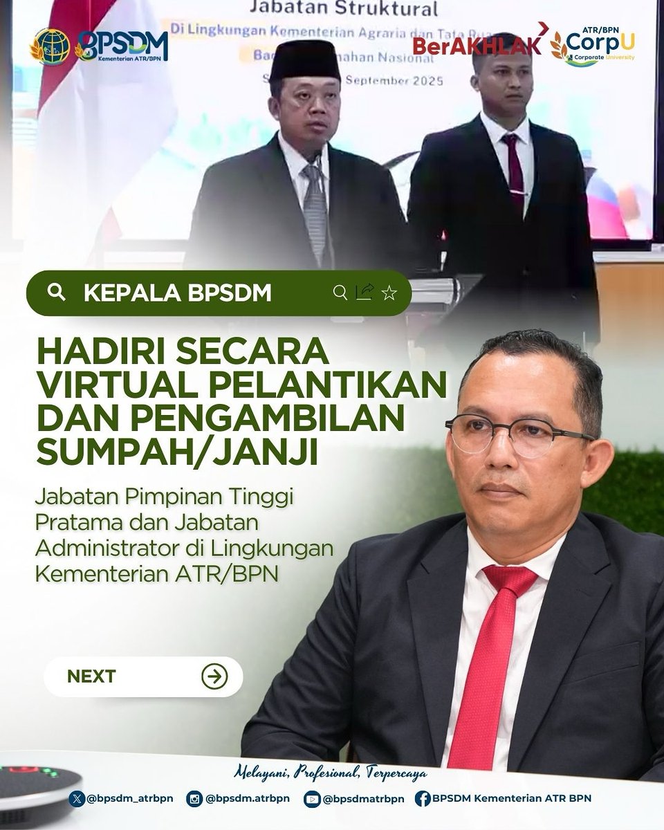 KantahPKLKota's tweet photo. #Repost @bpsdm.atrbpn
Hai #SobatBPSDM Bogor – Jum’at, 12 September 2025, Kepala BPSDM @agustyarsyah menghadiri kegiatan Pelantikan dan Pengambilan Sumpah/Janji Jabatan Pimpinan Tinggi Pratama dan Jabatan Administrator di lingkungan Kementerian ATR/BPN. https://t.co/QWP9Mao6Dk
