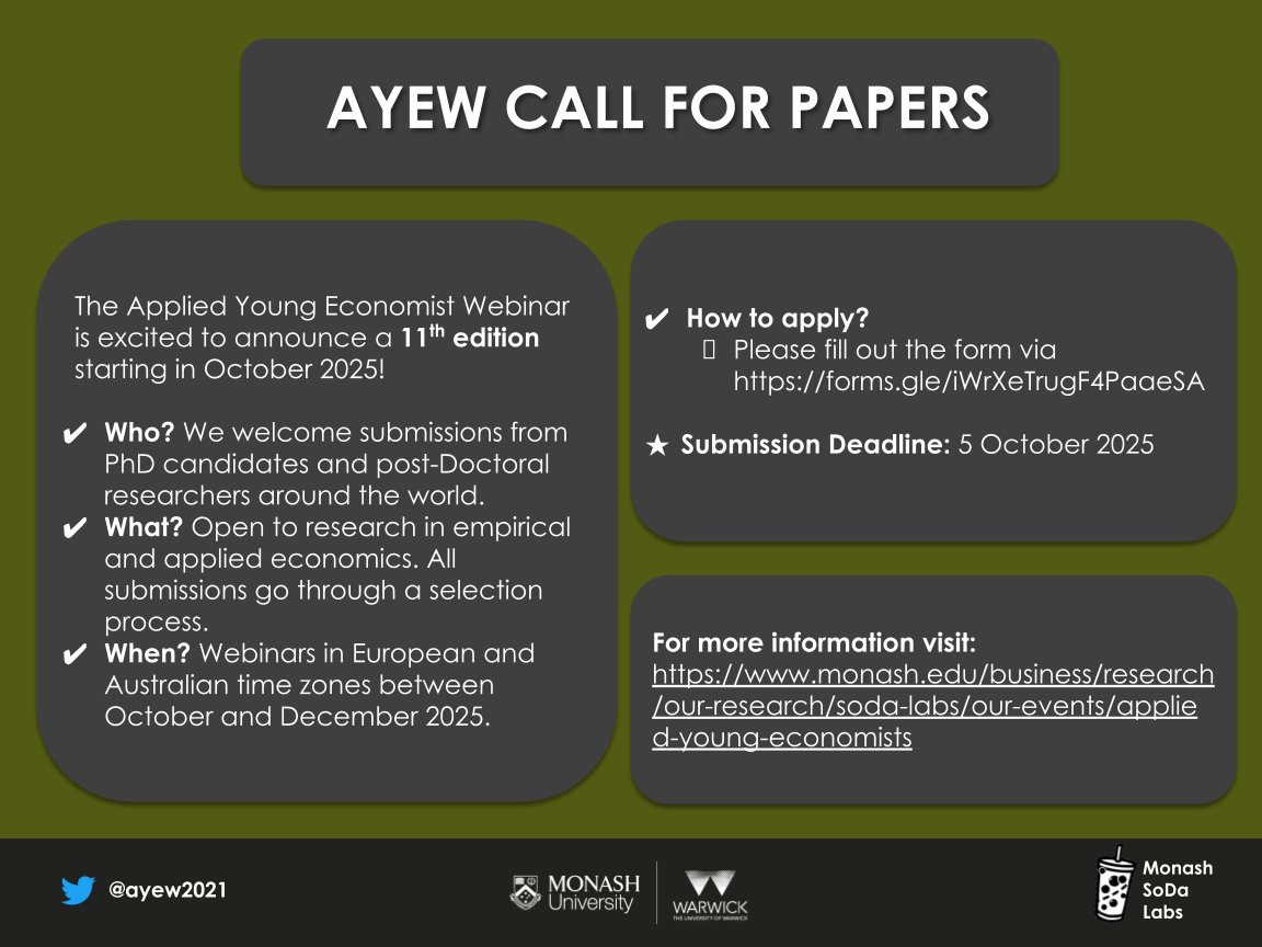 🚨CALL FOR PAPERS🚨 

Hey #EconTwitter!      

We are now accepting submissions for Season 11 of the Applied Young Economist Webinar!      

Deadline: Sunday, 5 Oct 2025      

Submission: forms.gle/yrKSLZkZ1RiN8D…
(Email us your paper if you cannot access it)

Details below⬇️