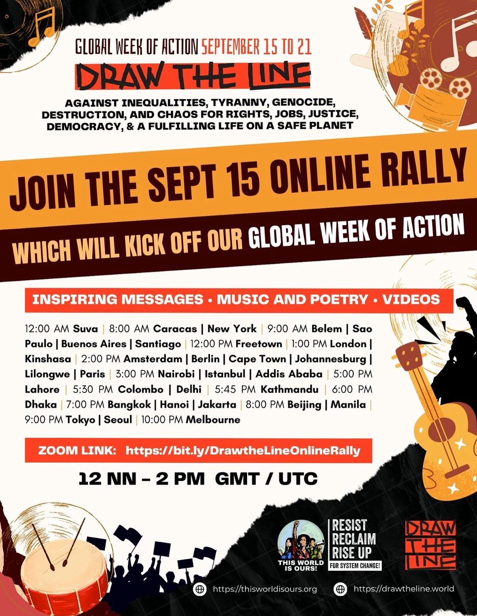 Today we are joining the Draw the line
Campaign around the world.

We can't wait to hear from
community voices on what they are fighting for and how we can collectively use our power.

Date: Monday, 15 September
Time: 12:00 noon to 2:00 PM UTC / GMT