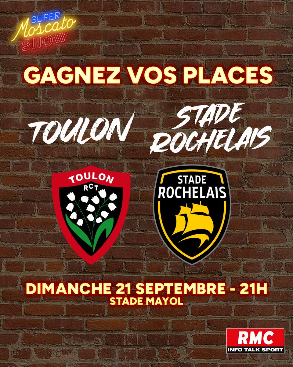 🎁 JEU CONCOURS

🏉 Le Super <a href="/Moscato_Show/">Super Moscato Show</a> vous offre vos places pour assister au match Toulon-La Rochelle, dimanche à 21h au Stade Mayol.

👉 Pour l'emporter, c'est simple : RT + follow <a href="/Moscato_Show/">Super Moscato Show</a> + commente avec ton joueur préféré d'une des deux équipes.

🍀 Bonne chance !
