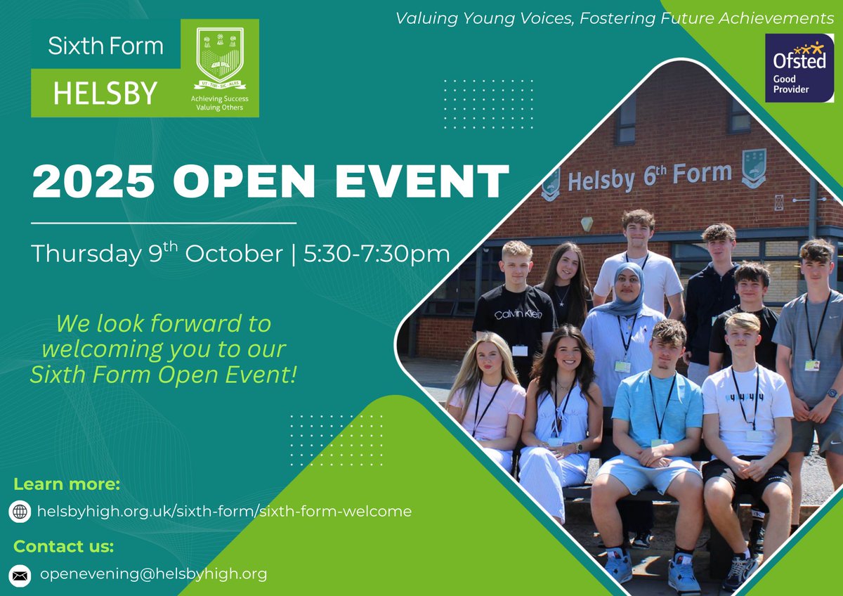helsbyhigh's tweet photo. Join us on Thursday 9th October for our Sixth Form Open Event.

Learn about our Sixth Form provision and how it will help you achieve highly and secure the next steps on your chosen pathway.

Sixth Form Helsby - Valuing Young Voices, Fostering Future Achievements https://t.co/743s5G0SWv
