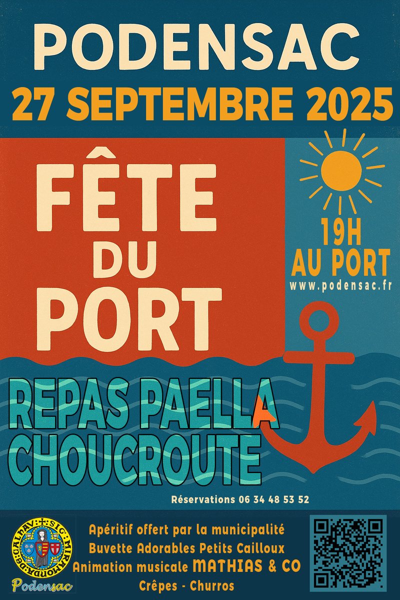📅 Samedi 27/09, 19h – Port de #Podensac
🎉 Fête du Port : apéro offert, choucroute/paella (13€), buvette 🍺, crêpes &amp; churros 🍩, animation musicale 🎼 Un rdv proposé par la commission municipale Sport &amp; Vie associative.
👉 Réservations repas : 06.34.48.53.52