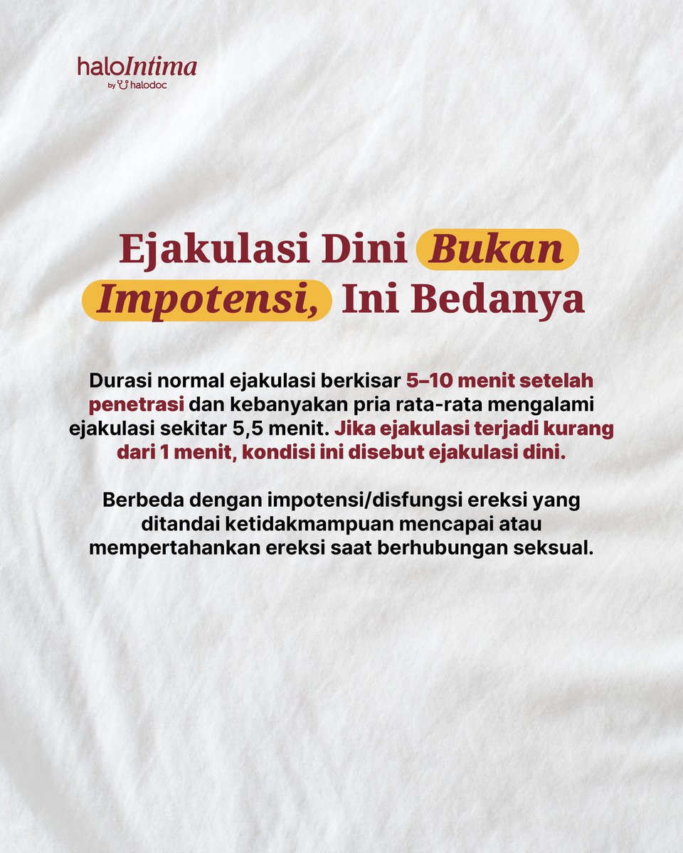 HalodocID's tweet photo. BERAPA DURASI YANG NORMAL UNTUK EJAKULASI?⏱️

Faktanya, durasi normal ejakulasi berkisar 5–10 menit setelah penetrasi. Kalau ejakulasi terjadi kurang dari 1 menit setelah penetrasi, itu bisa jadi tanda ejakulasi dini dan seringkali membuat momen intim terasa kurang maksimal. https://t.co/lFvJzJXvVj