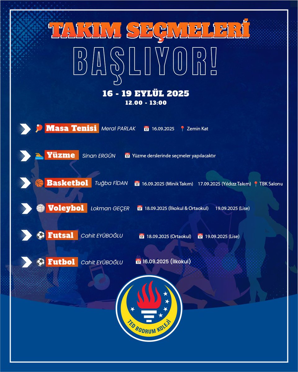 TEDBODRUM's tweet image. 📣 Sevgili Öğrencilerimiz,

🏆 TED Bodrum Koleji’nde Takım Seçmeleri Başlıyor!
📅 16 – 19 Eylül 2025
🕛 12.00 – 13.00

Ayrıntılar için Beden Eğitimi öğretmenlerinizle iletişime geçmeyi unutmayın.

#TEDBodrumKoleji #TakımSeçmeleri #Spor