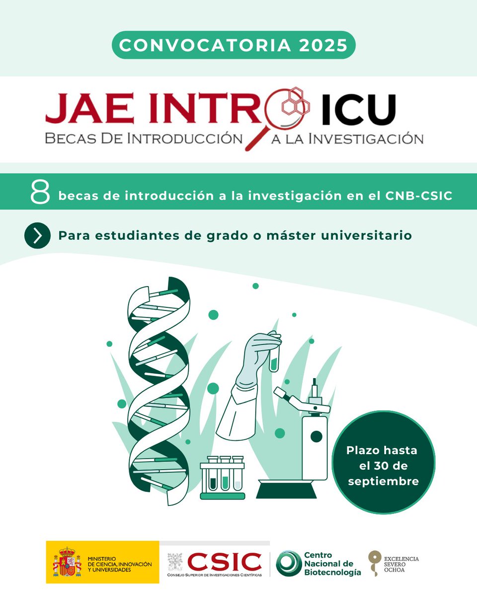📢La convocatoria 2025 del Programa #JAEINTRO ICU del <a href="/CSIC/">CSIC</a> sigue abierta

8⃣ becas en el #CNB_CSIC para estudiantes de grado/ máster universitario

Contacta con los y las Investigadoras Principales (IP) de cada plaza para ➕ info👇

f.mtr.cool/wfoiwzopju

🗓️Hasta 30 septiembre