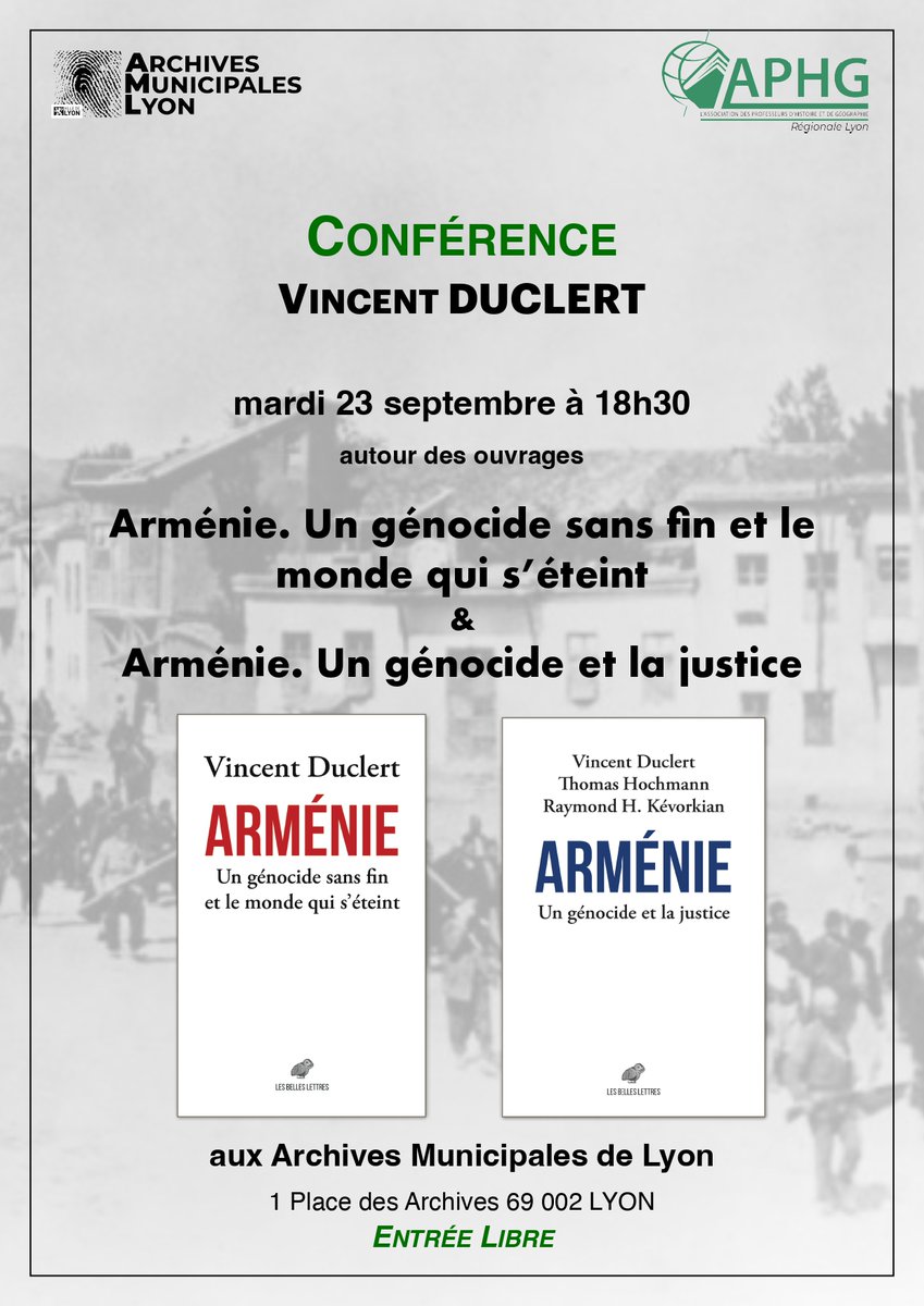 L'APHG et les Archives Municipales de Lyon accueillent Vincent Duclert pour évoquer le génocide des  Arméniens de l'Empire ottoman. Mettre à jour nos connaissances sur  celui-ci, réfléchir à ce génocide sur le temps long, en mesurer la  portée juridique. Essentiel pour nos cours.