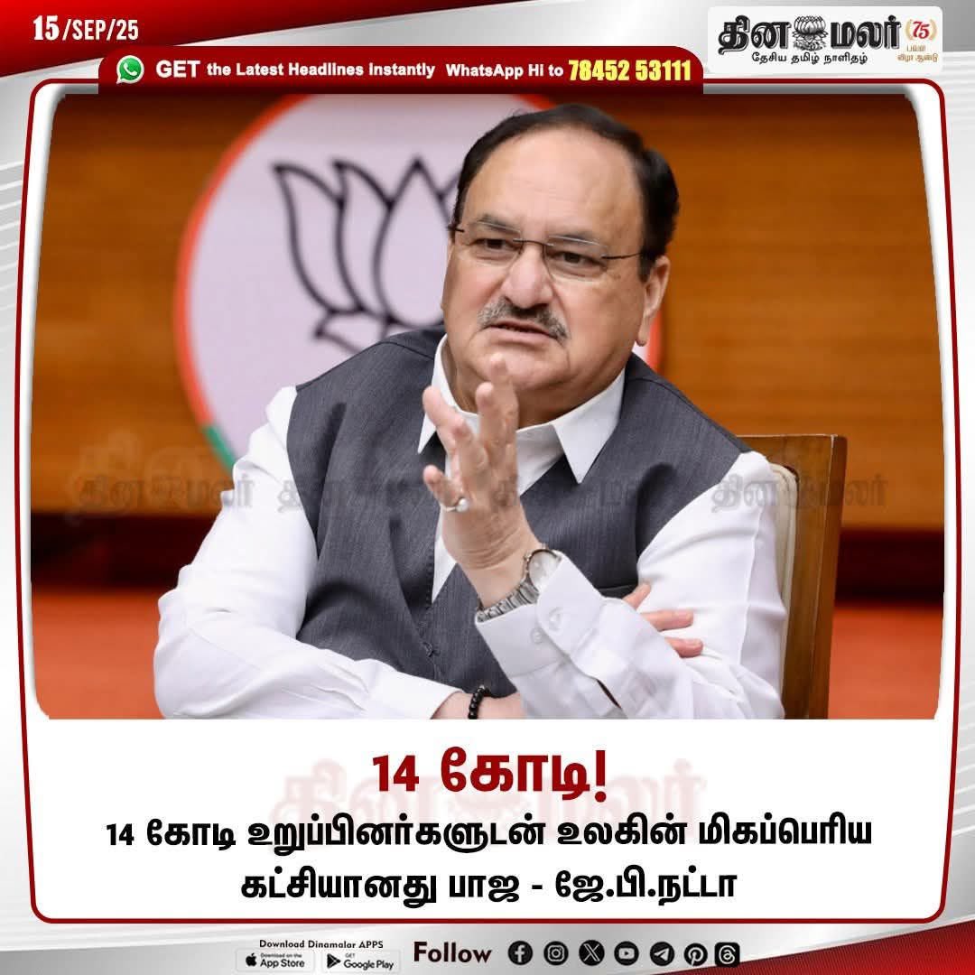 14 கோடி உறுப்பினர்களுடன் உலகின் மிக பெரிய கட்சி. <a href="/BJP4India/">BJP</a> 

<a href="/BJP4TamilNadu/">BJP Tamilnadu</a>