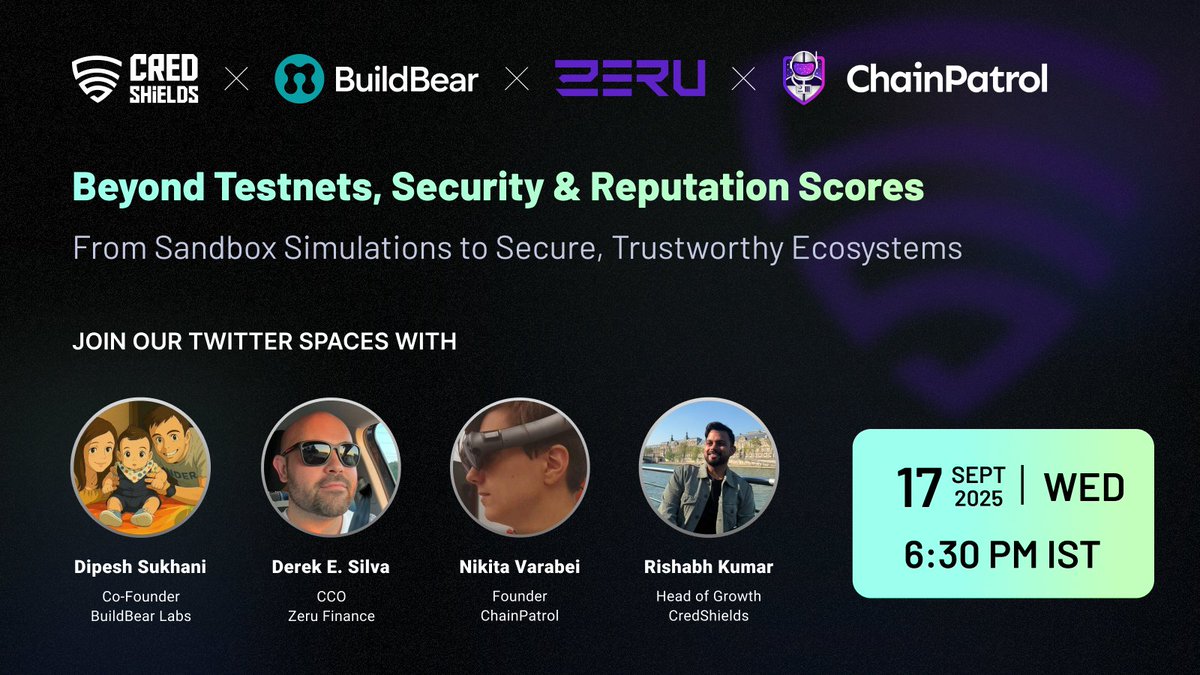 CredShields's tweet image. Join CredShields, @_BuildBear, @zerufinance, and @ChainPatrol for the fourth episode of Shielded Spaces.

Catch the discussion on Wednesday, September 17 at 6:30 PM IST | 1:00 PM UTC.

🎙️ Speakers:
@dipesh_sukhani – Co-Founder, BuildBear Labs
@DerekSilva – CCO, Zeru Finance…