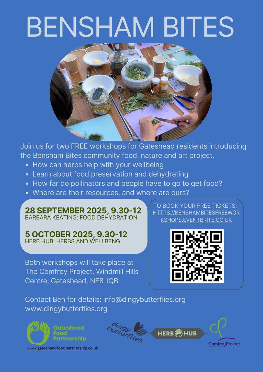Join us for two FREE workshops for Gateshead residents around food dehydration and herbs and wellbeing. Book on through the QR code or …ambitesfreeworkshops.eventbrite.co.uk <a href="/pmnogue/">🐝 🌻🏊‍♀️🐕🐕 🪁Barbara Keating Beewilded</a> <a href="/ComfreyProject/">The Comfrey Project 🧡</a> <a href="/FoodGateshead/">Gateshead Food Partnership</a>