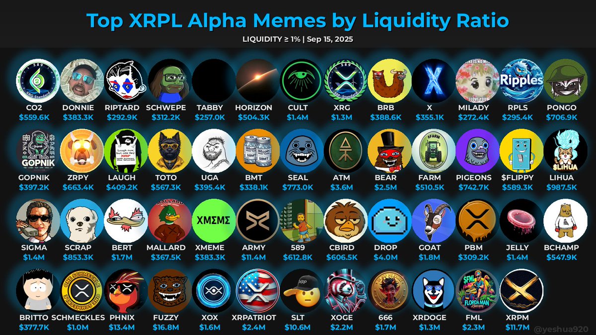🔥 Top #XRPL Alpha Memes 🔥
━━━━━━━━━━━━━━━━━━━━
(≥$250K MC, ≥30 days, &gt;= 250 holders)

💧 Ranked by TVL/Market Cap ratio:
- 🚀 5%+: Rare gem 💎 (or inflated LP?)
- 🔥 2-5%: Strong liquidity (trust/high incentives)
- ✅ 1%+: Decent liquidity (low slippage)
-