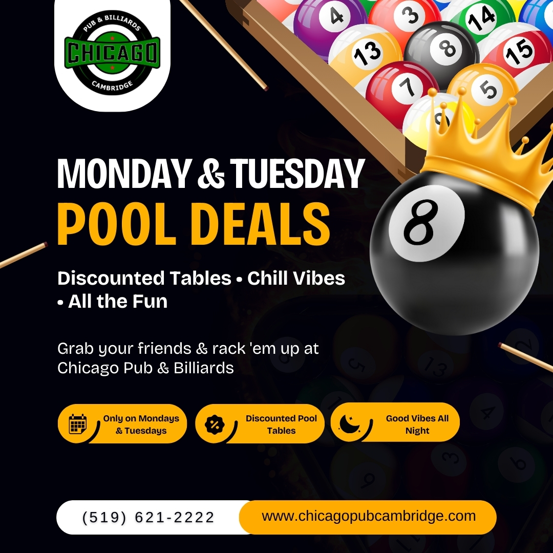 chicagopub_'s tweet image. Unwind with discounted pool tables, great drinks, and unbeatable vibes at Chicago Pub &amp;amp; Billiards.
Bring your crew and let the good times roll! 📷📷
#WeekdayWins #ChicagoPubCambridge #PoolNights #BilliardsVibes #CambridgeHangout