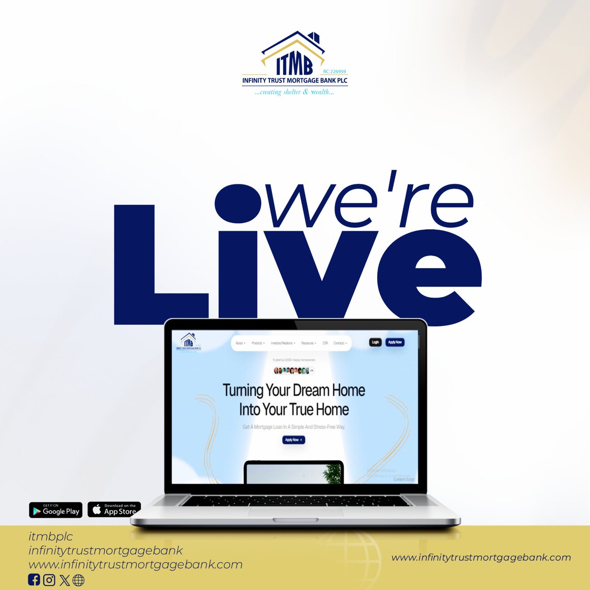 itmbplc's tweet image. We&apos;re LIVE! 
Infinity Trust Mortgage Bank PLC just launched a brand-new digital experience.  
- Seamless navigation  
- Instant support, real-time updates  
🌍 infinitytrustmortgagebank.com  

Your journey to homeownership just got easier.  

#ITMB #WebsiteLaunch #DreamHome #infinity
