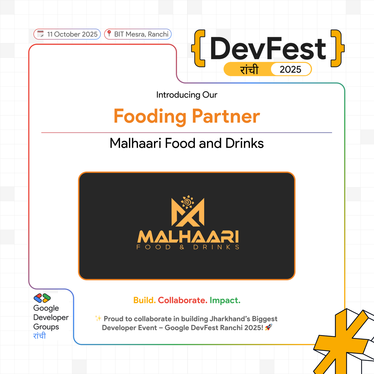 gdgrnc's tweet photo. ๐ด Exciting news! Malhaari Food & Drinks is our Fooding Partner for Google #DevFestRanchi 2025.
Because great minds need great flavors to fuel innovation! ๐๐
@GDGIndia @GoogleIndia
#GDGRanchi #TechEvent #FoodPartner #Ranchi https://t.co/qASXiW2EvN