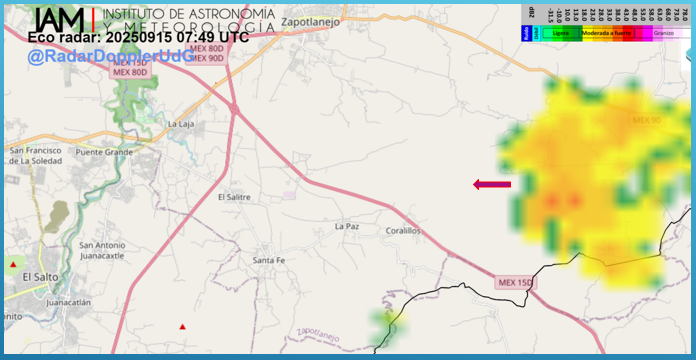 RadarDopplerUdG's tweet photo. Continua registrándose #lluvia puntualmente fuerte con actividad eléctrica por #Tecomatlan, con dirección hacia #Zapotlanejo. Continua la vigilancia meteorológica. https://t.co/O8ofjb8CKI
