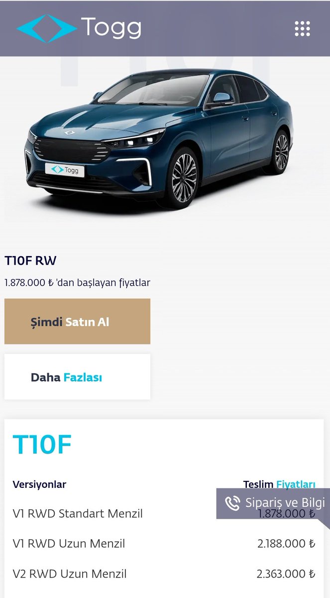 #Togg #T10F fiyat listesi açıklandı!

➡️ T10F V1 (335KM) - 1.918.000 ₺

➡️ T10F V1 (623KM) - 2.268.000 ₺

➡️ T10F V2 (610KM) - 2.393.000 ₺
