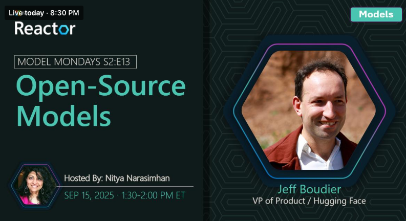 BethanyJep's tweet image. Endings should be marked with a bang! Join us today for #ModelMondays season finale. The session will focus on the over 10k models in the Hugging Face collection in Azure AI Foundry.

📌 This session is a part of a series! Learn more here: lnkd.in/gYVJa8Ee