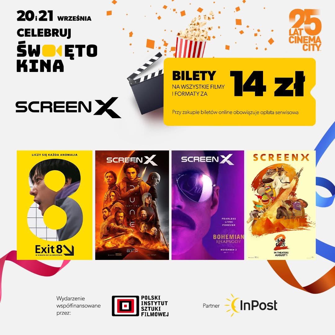 Święto Kina powraca! 🎉  Wpadajcie 20-21 września. Bilety na wszystkie filmy i formaty w te dwa dni kupicie za 14zł!!! 😎 

A dodatkowo przygotowaliśmy dla Was sporo powrotów do naszych formatów z racji 25 urodzin. 

Bilety już w sprzedaży 🥹
cinema-city.pl 

#ŚwiętoKina
