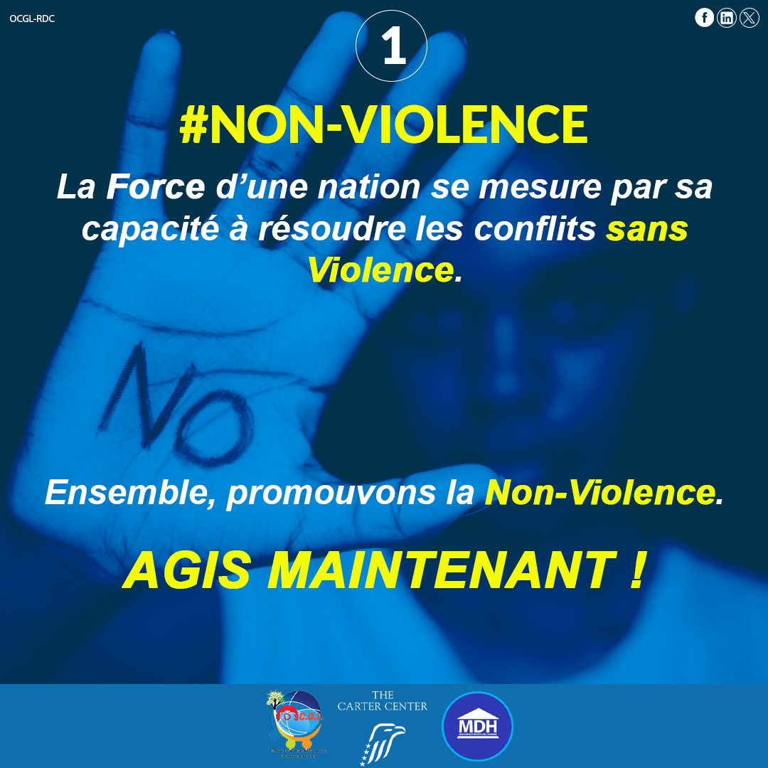 📣ℂ𝕒𝕞𝕡𝕒𝕘𝕟𝕖 : ℕ𝕠𝕟-𝕍𝕚𝕠𝕝𝕖𝕟𝕔𝕖📣

La Force d'une nation se mesure par sa capacité à résoudre les conflits sans Violence.

Ensemble promouvons la Non-Violence.

#NonViolence
#PaixAKinshasa
#JeunesseConsciente
#luttecontreladesinformation 
<a href="/CongoMdj/">MDJCongo</a> <a href="/Marie_JoNtsh/">Marie-Jo Ntshaykolo</a>