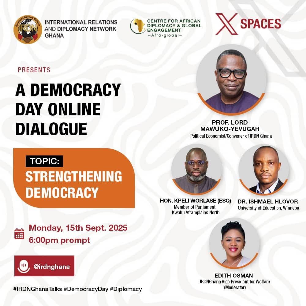 Join us this evening for our Democracy Day dialogue on #XSpaces. 

#InternationalDayOfDemocracy #IRDNGhana