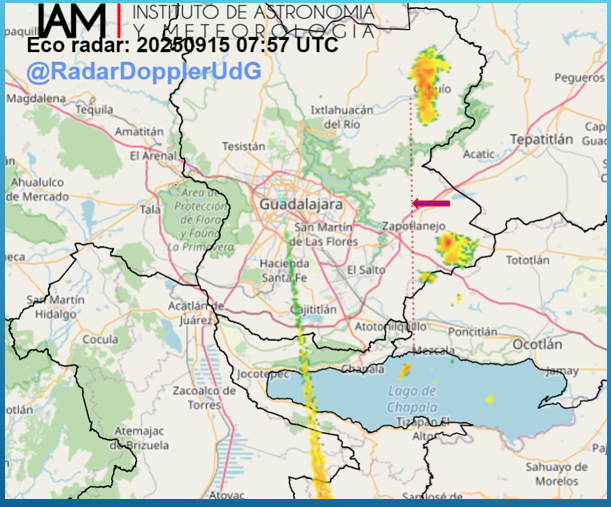 RadarDopplerUdG's tweet photo. Persiste #lluvia puntualmente fuerte con actividad eléctrica en #Cuquio y por #Tecomatlan con dirección a #Zapotlanejo. Manténgase informado. Continua la vigilancia meteorológica. https://t.co/7cpFCOvYRi