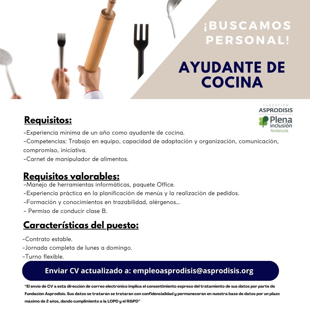 asprodisis's tweet photo. Buscamos Ayudante de Cocina 👩‍🍳👨‍🍳
Si tienes experiencia, ganas de trabajar en equipo y quieres formar parte de un proyecto comprometido e inclusivo, ¡te estamos esperando! 🙌

📩 Envía tu CV actualizado a: empleoasprodisis@asprodisis.org

#Empleo #OportunidadLaboral #Asprodisis https://t.co/NvPkH1KFgt
