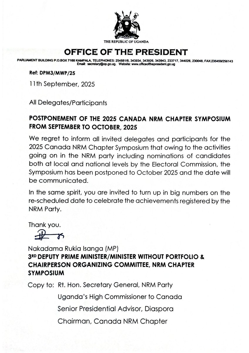 Distinguished delegates,

Due to ongoing NRM candidate nominations by the Electoral Commission, the #CanadaNRMChapterSymposium2025 scheduled for September is postponed to a later date to be announced. 

All delegates are encouraged to remain engaged and prepare to join in