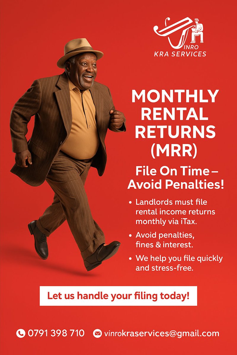 🏠 Landlords!
Monthly Rental Returns (MRR) are due every month.
Don’t risk penalties ❌
We help you file fast &amp; stress-free ✅

📞 0791 398 710 | 📧 vinrokraservices@gmail.com
#KRA #MRR #TaxCompliance