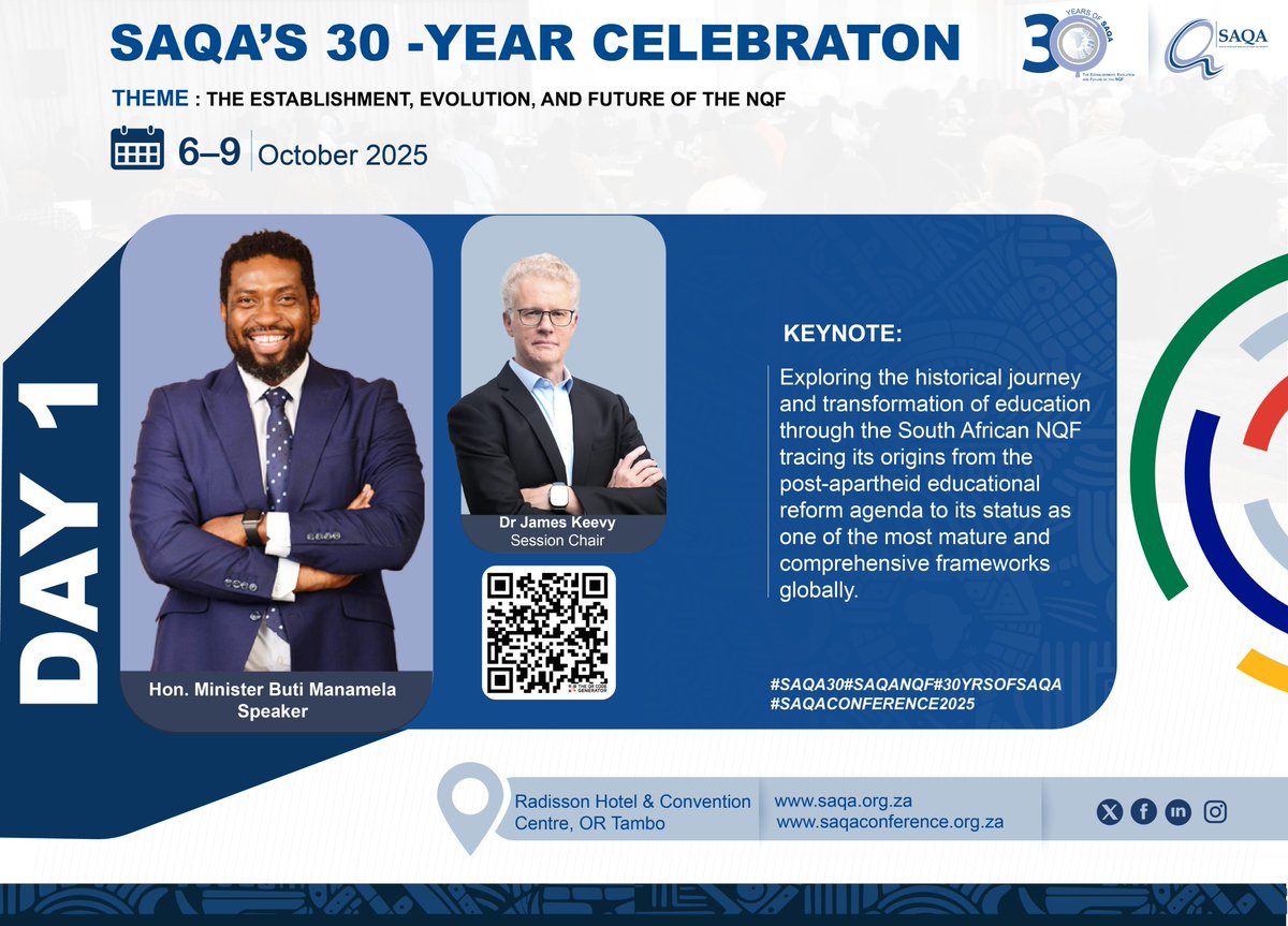 SAQALive's tweet photo. #SAQACONFERENCE2025 | Celebrating 30 Years of the NQF 🎉

We are honoured to announce that the Honourable Minister, Mr. Buti Manamela, will be addressing delegates at the upcoming #SAQACONFERENCE2025, 

Themed :  “The Establishment, Evolution, and Future of the (NQF)”. https://t.co/PtSG2aIEp5