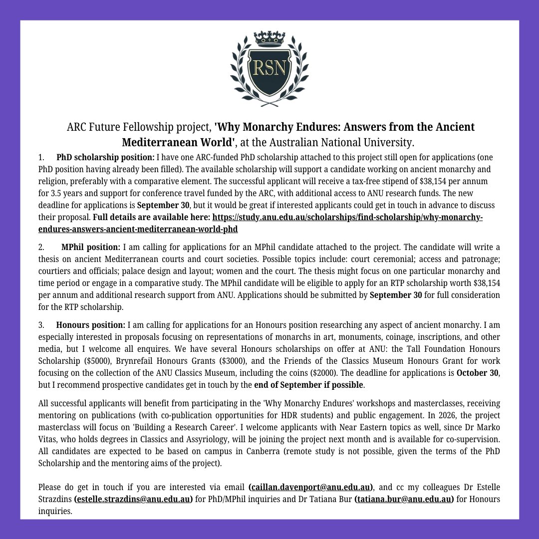 ANU Fellowship Opportunities: 'Why Monarchy Endures: Answers from the Ancient Mediterranean World'

Get your abstracts in by the end of the month!