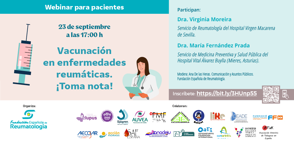 📢Mañana 23/09, a las 17h: webinar sobre vacunación en enfermedades reumáticas, organizado por <a href="/SEReumatologia/">Soc.Esp.Reumatología</a> con nuestra colaboración.

Exponen:
Dra. Virginia Moreira (HUVM)
Dra. María Fernández (H. Vital Álvarez Buylla)

🔗Inscripción: bit.ly/3HUnp55

¡Inscríbete!🌻
