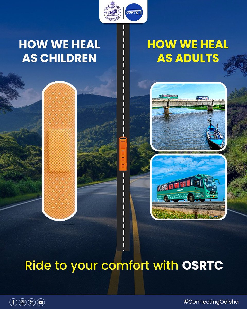 OSRTC_Odisha's tweet image. Find Your Healing Journey with OSRTC
As children, a simple bandage could heal our hurts. As adults, nothing soothes the soul like a peaceful road trip through Odisha’s breathtaking landscapes. 
With OSRTC, enjoy a comfortable ride that helps you relax & recharge.
#osrtcforall