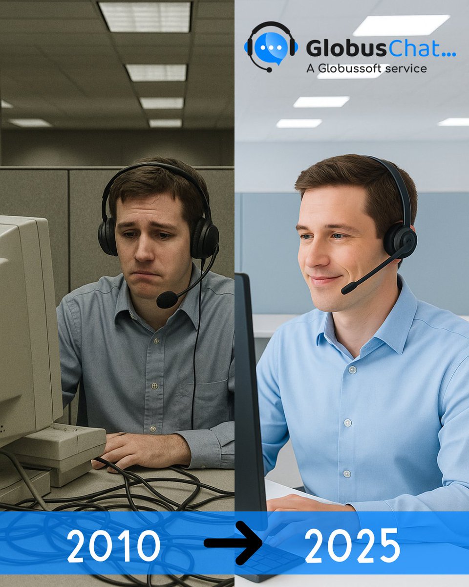 globuschat's tweet image. 👔 2010 vs 👕 2025: Same Office, Same Humans, Smarter Gear.

We traded bulky headsets for sleek ones and fluorescent flicker for LED glow — but the 28-second human pick-up never changed.  

Which look wins? Drop 🎧 (2010) or ⚡️ (2025) below!

#GlobusChat #SupportEvolution