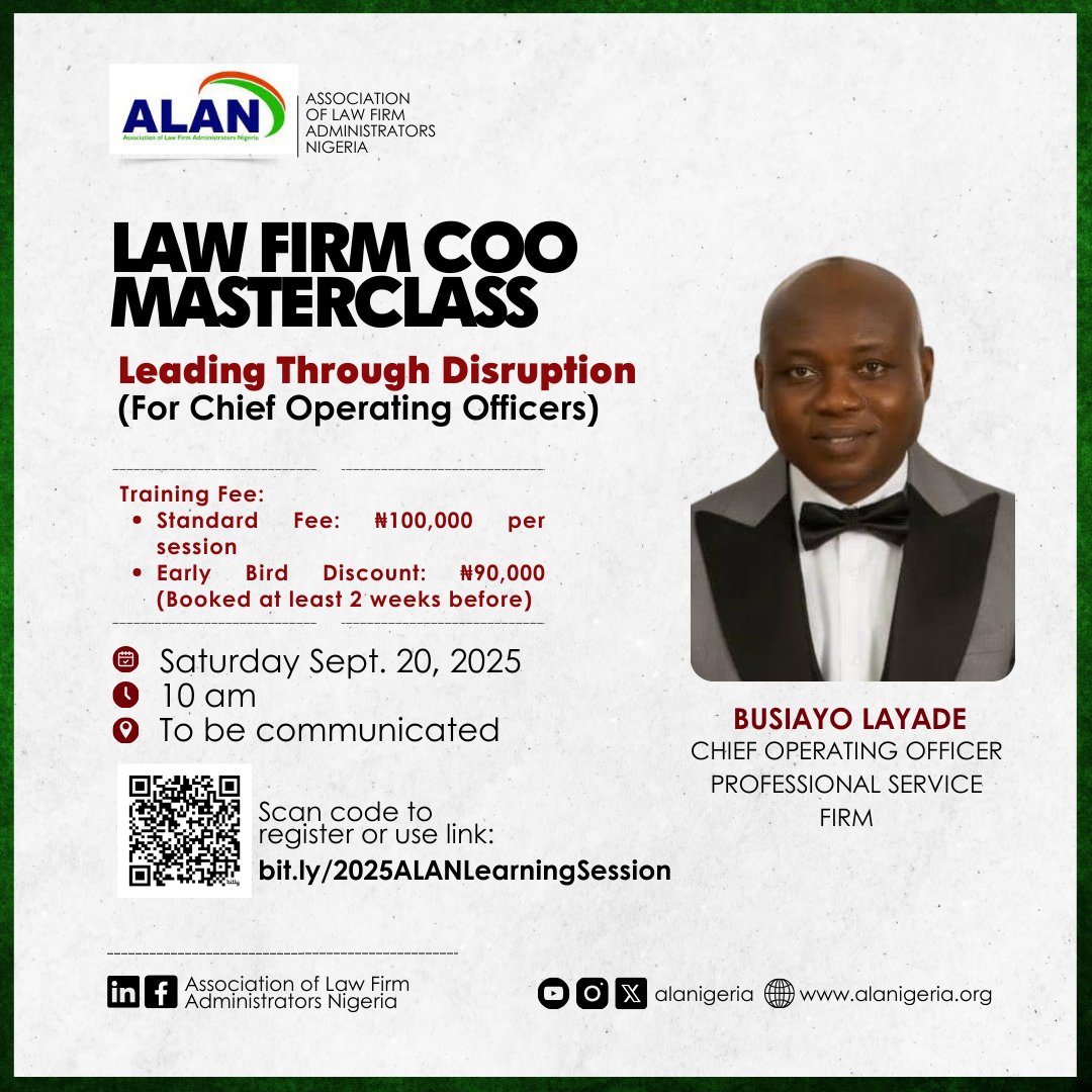 The countdown is on!

Just a few days left to register for the Law Firm COO Masterclass! Secure your spot to learn how to Lead Through Disruption with Busiayo Layade.

Date: September 20th, 2025
Time: 10am
Register here: bit.ly/2025ALANLearni…
#ALAN #Masterclass #LearningSession