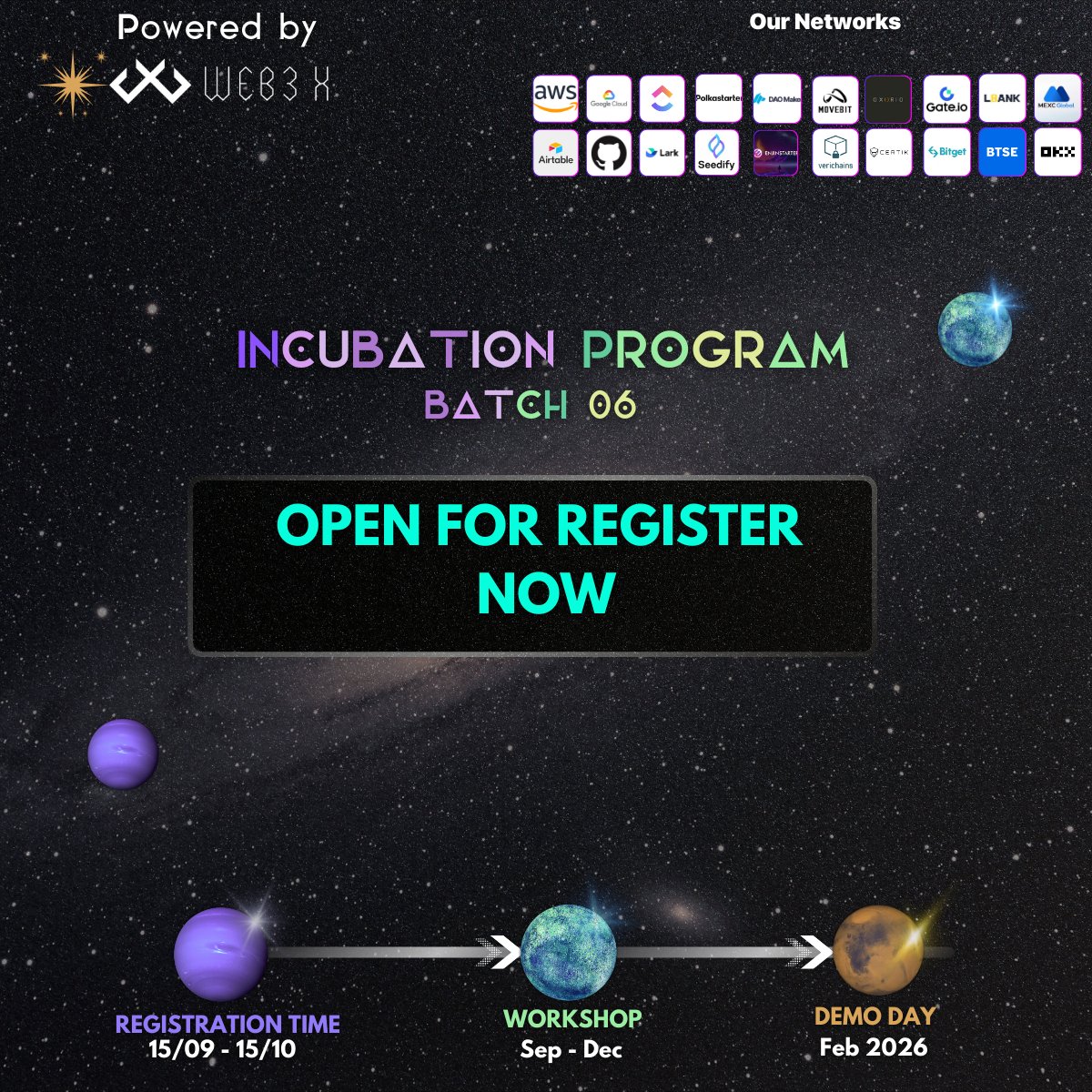 Alert to all Web3 builders, devs, and founders in SEA &amp; APAC: Our powerhouse Incubation Program is BACK for Batch 6 , celebrating 3 epic years of transforming bold ideas into blockchain empires! 

💥Registrations are OPEN NOW until October 15th! This is your shot at:
- Up to