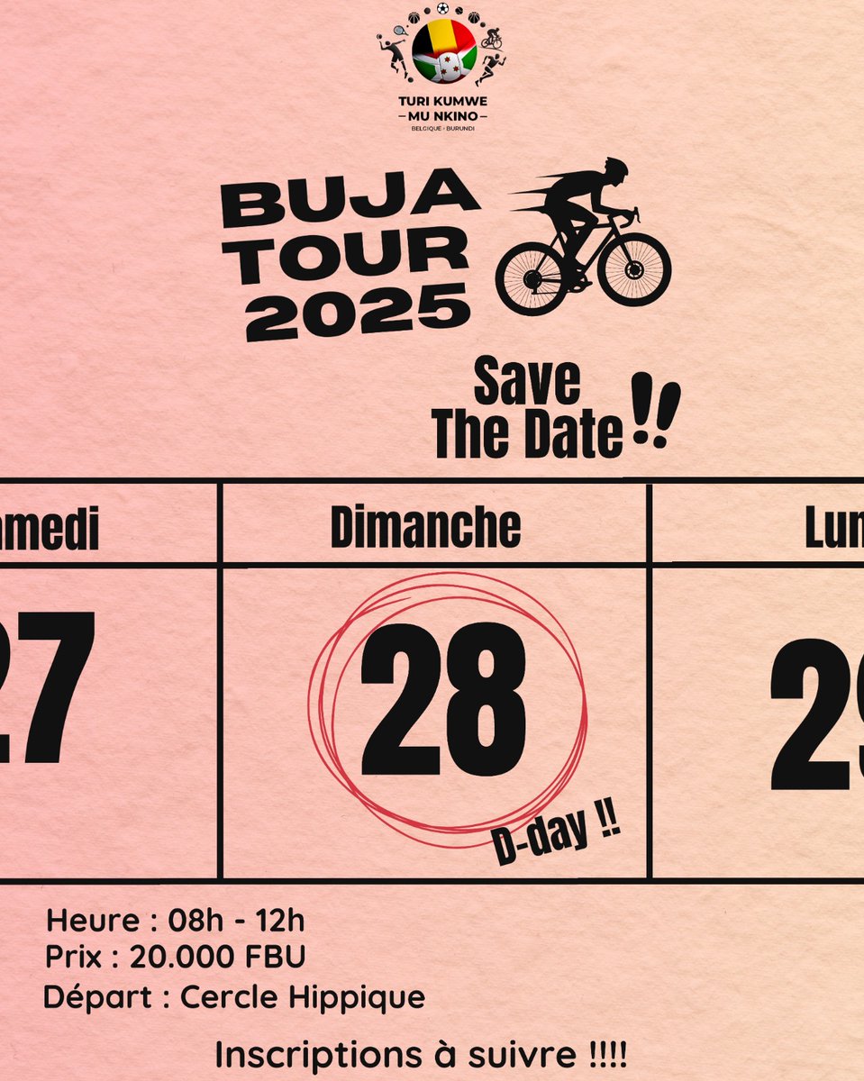 🚴‍♂️ Le BUJA TOUR de vélo est de retour 🎉
📅 Rendez-vous le 28 septembre 2025 à Bujumbura.
🔜 Les inscriptions ouvrent bientôt.