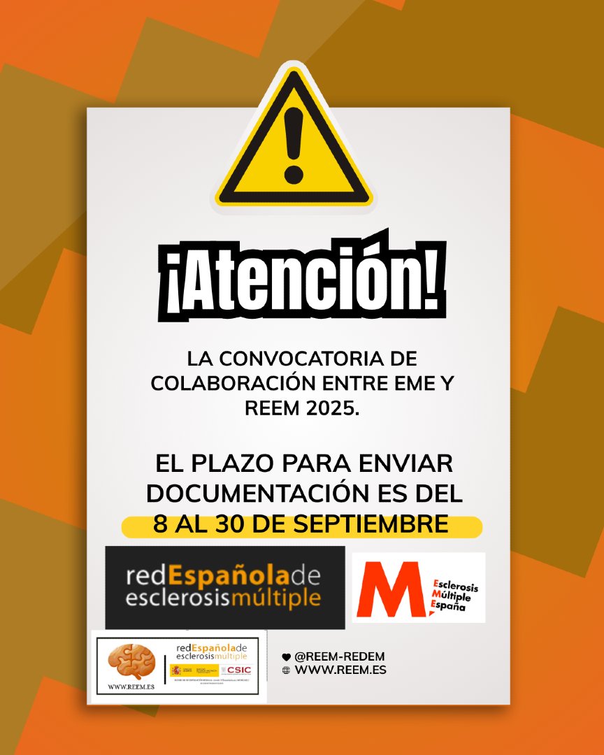 No olvides que solo hay hasta el día 30 de septiembre para enviar la documentación. 
Toda la convocatoria y los Anexo están en nuestra pagina 
REEM.ES
<a href="/reem_redem/">REEM</a> <a href="/esclerosiseme/">Esclerosis Múltiple</a>