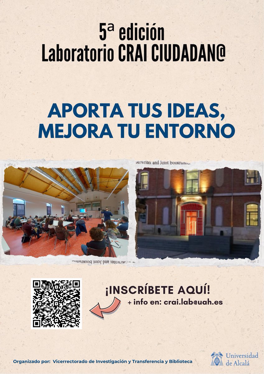 5ª EDICIÓN DEL LABORATORIO CRAI CIUDADAN@, en el CRAI <a href="/BiblioUniAlcala/">BibliotecaUnivAlcalá</a> del 4 al 6 y del 18 al 20 de noviembre. Formulario de inscripción de ideas: shorturl.at/eP4uF
