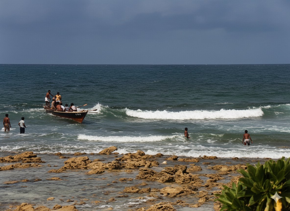 Fuvahmulah — before the harbour (1990s).

Fuvahmulah is one of the most ancient inhabited islands of the Maldives, home to people for millennia. Unlike most Maldivian islands, it is a one-island atoll with no protective lagoon, so boats had to land through open surf. 

A natural