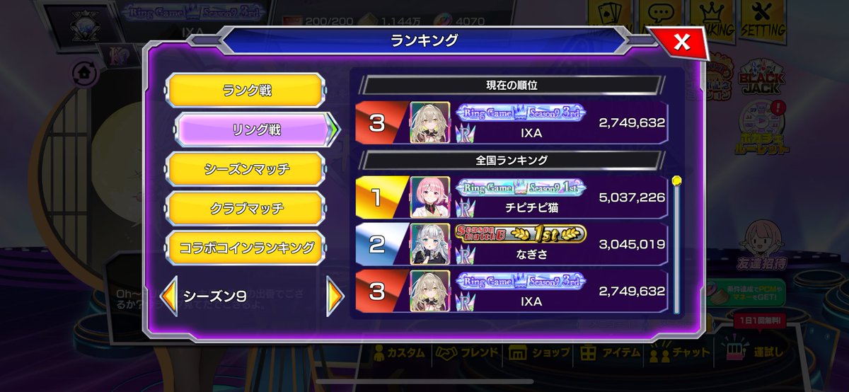 IXA_POKERCHASE's tweet photo. リングシーズン9初ロイヤル＆3位！ 称号マジかっけー
シーズン終了残り5分の時点で3位と4位の差が100で、そんなことあるかよってレベルの接戦でしたが最後は運に恵まれて勝てました！
1位と2位の人もおめでとうございます🎉 https://t.co/N5MJajQzL8