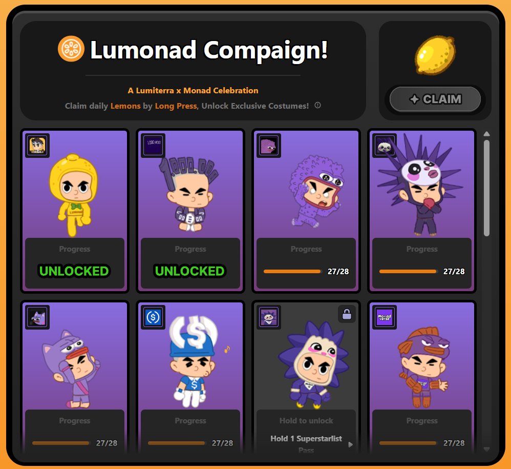 Yuhuu, finally I got 2 costumes from <a href="/LumiterraGame/">Lumiterra (mainnet arc)</a>  x <a href="/monad/">Monad (mainnet arc)</a> .💜💛
1 is Lemonad costume
2 is One Million Nads costume