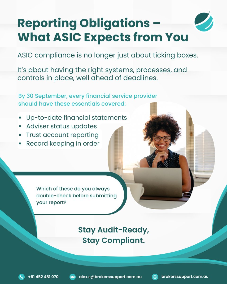 ASIC compliance is more than ticking boxes.

By 30 Sept, have your financials, adviser status, trust reports &amp; records ready.

What do you double-check?

#ASICCompliance #AuditReady #BrokersSupportGlobal