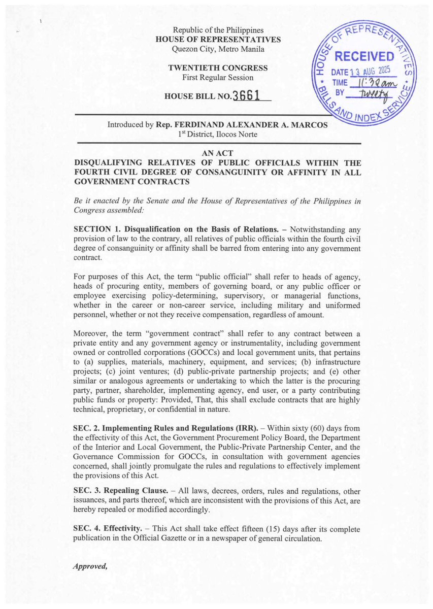 DeusXMachina14's tweet image. Ilocos Norte Rep Sandro Marcos  files a bill that will disqualify relatives of public officials within the 4th civil  degree of consanguinity or affinity in all government contracts.