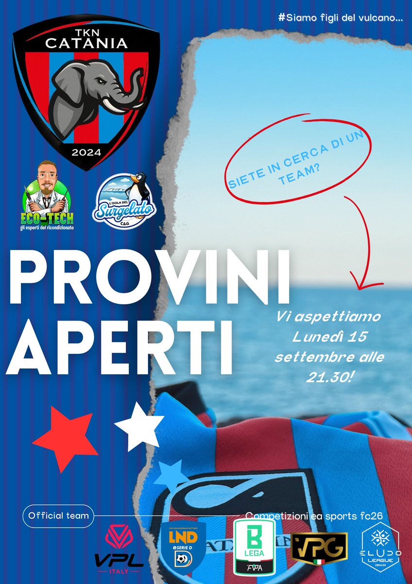 Lunedì 15 settembre
Proviniamo per completamento rosa;

Valutiamo in special modo:

1 GK
2 ATT
2 CC

Se cercate un posto da chiamare casa, dove i compagni di squadra rappresentano una seconda famiglia allora siamo il posto che fa per voi.

Il tempo stringe... A voi la scelta!