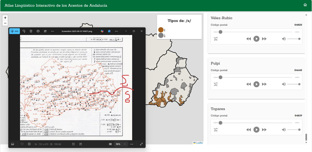 El comienzo de uno de los mapas más difíciles del Atlas Lingüístico Interactivo de los Acentos de Andalucía #ALIAA Tipos de /s/. El patrón es igual en los 1950 y en los 2020 pero la "s" apical castellana parece haberse extendido hacia el sur en Almería. Falta mucho por analizar