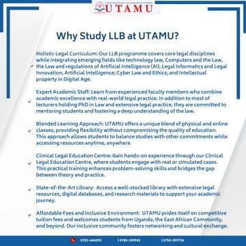 The Office of the Academic Registrar, UTAMU, invites applicants for the September 2025 intake into the Bachelor of Laws (LLB) program. Start your journey to becoming a legal professional with a fully accredited, top-tier legal education.        
🔗 Apply now: