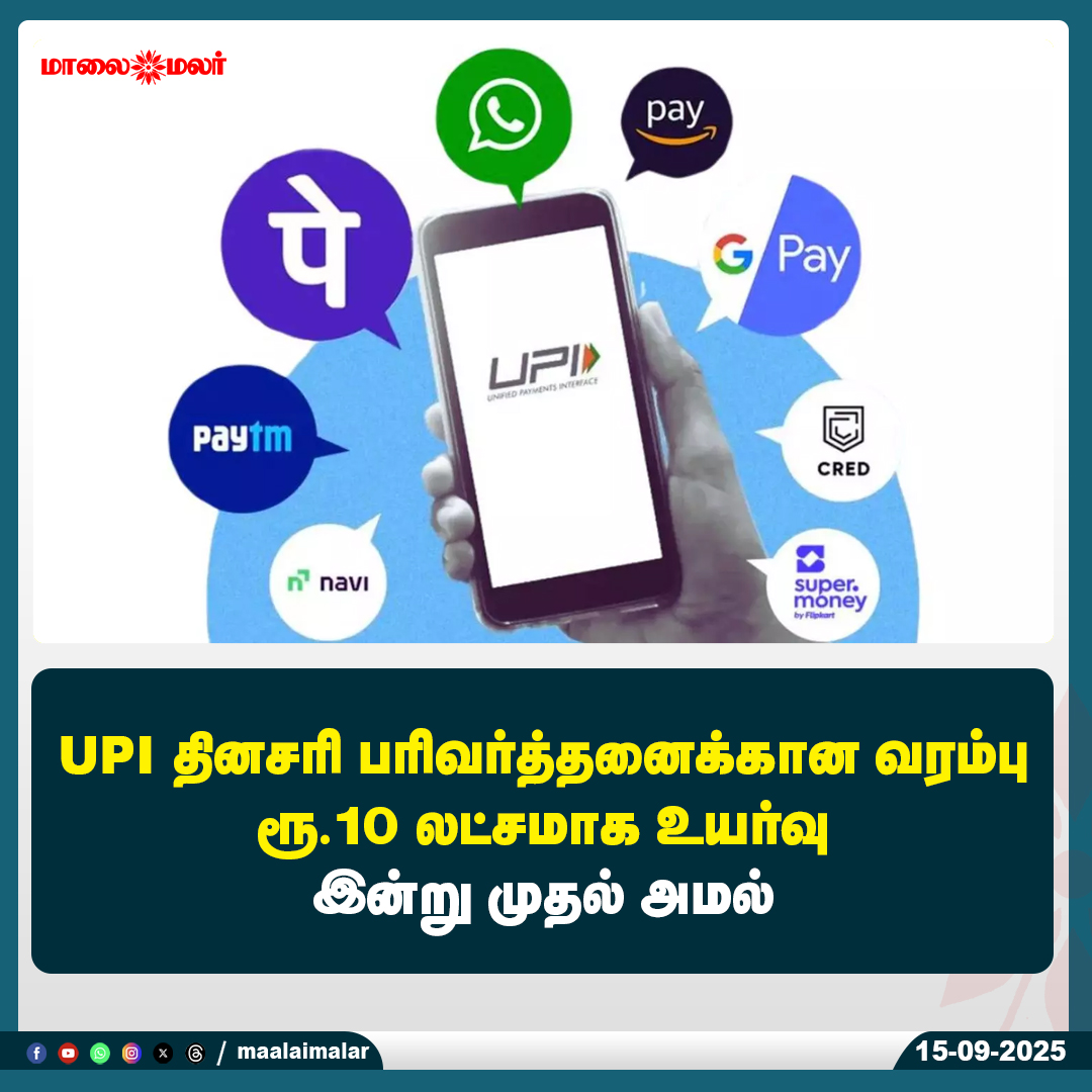 maalaimalar's tweet photo. மேலும் படிக்க : https://t.co/dkhnIv66Dr
#UPILimit #DigitalPayments #NPCI #HighValueTransactions #FinanceUpdate #PaymentLimitIncrease #UPINews #IndiaUPI #Banking #DailyLimit #maalaimalar https://t.co/5sfrnfvf7Q