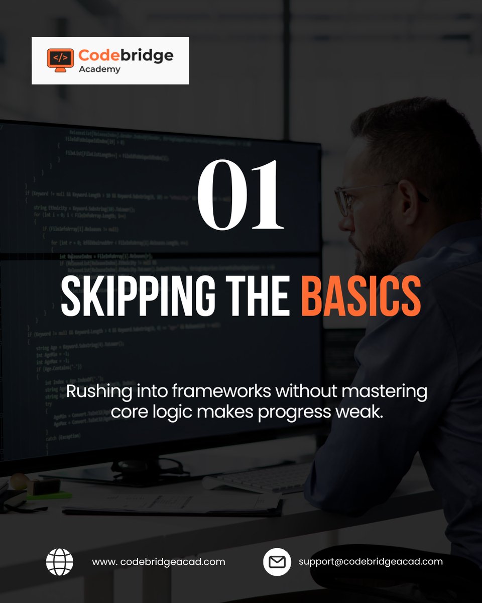 CodeBridgeAca's tweet image. Want to level up as a coder?
Most beginners fall into the same traps that slow their growth. From skipping the basics to never building projects, these mistakes can cost you time and confidence.
💡 Ready to master coding the right way?
#CodingTips #LearnToCode #CodeBridgeAcademy
